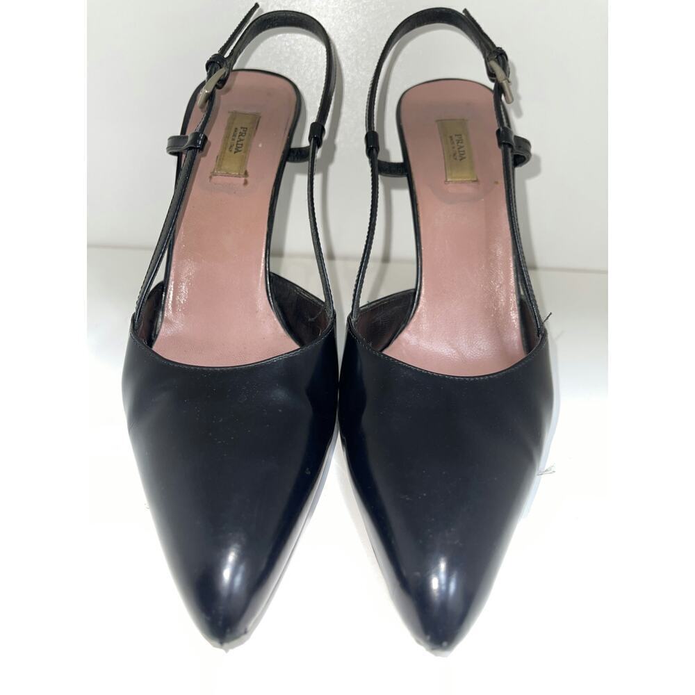 Prada Black Leather Pointed Toe Slingback Heels